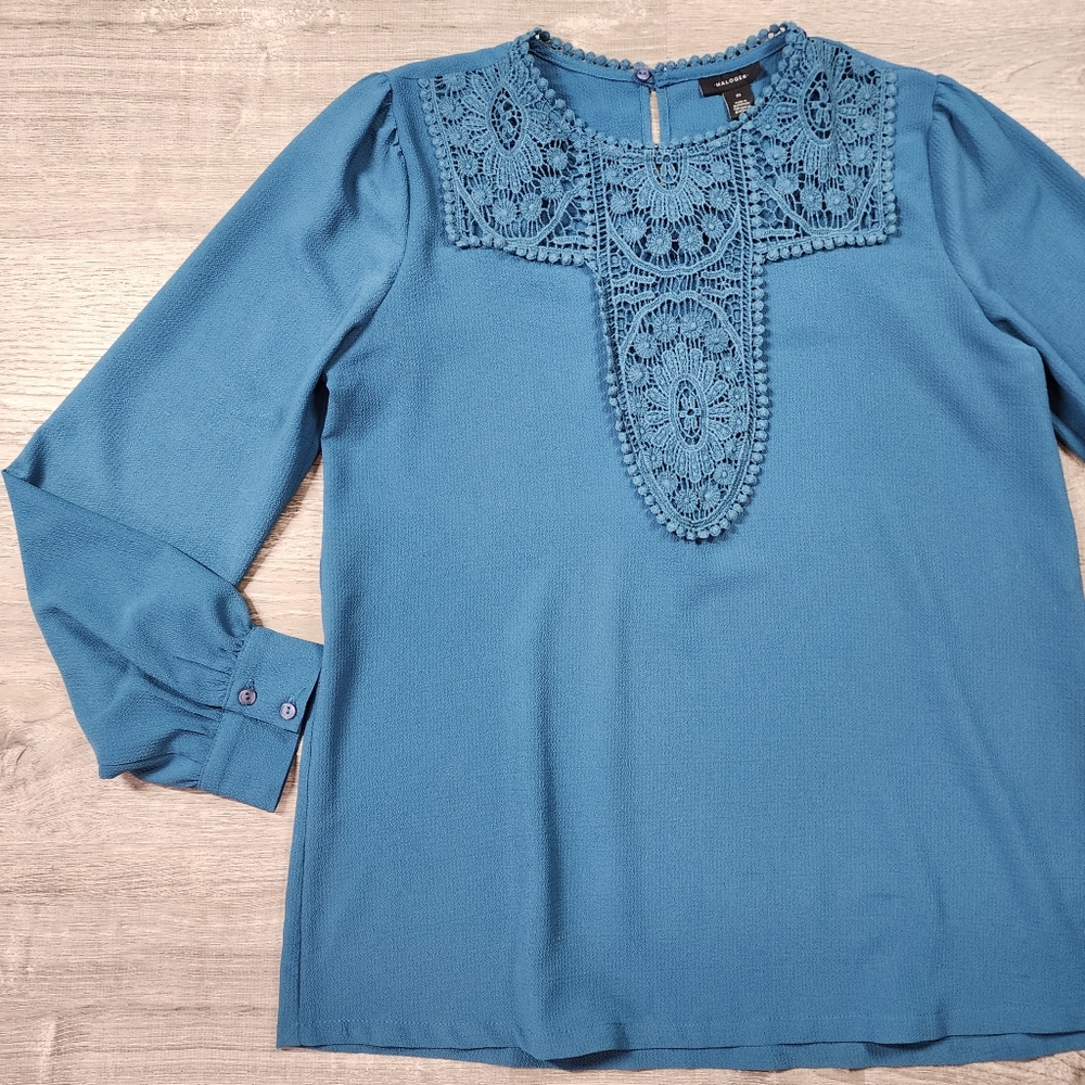 HALOGEN Long Sleeve Lace Neck Blouse Top Medium